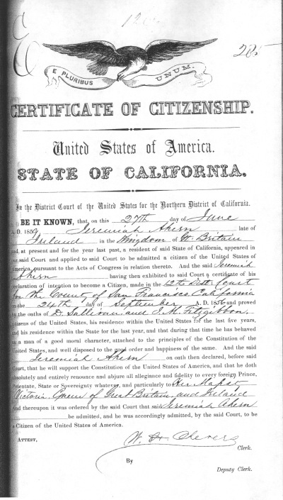 IMAGE - AHERN, Jeremiah, Certificate of Citizenship, 27 June 1859