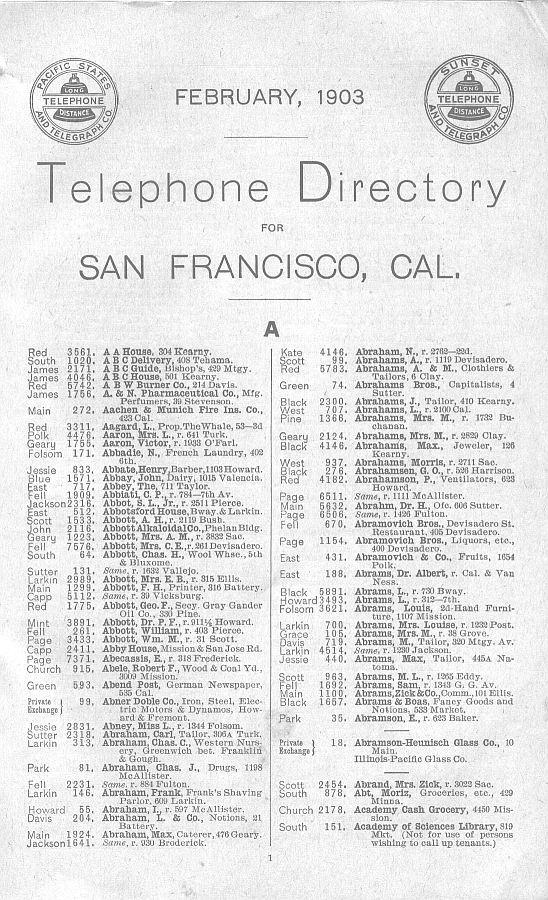 a page from the 1903 San Francisco telephone directory