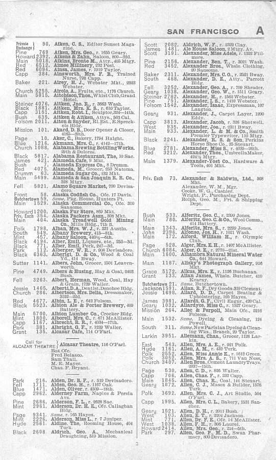 a page from the 1903 San Francisco telephone directory