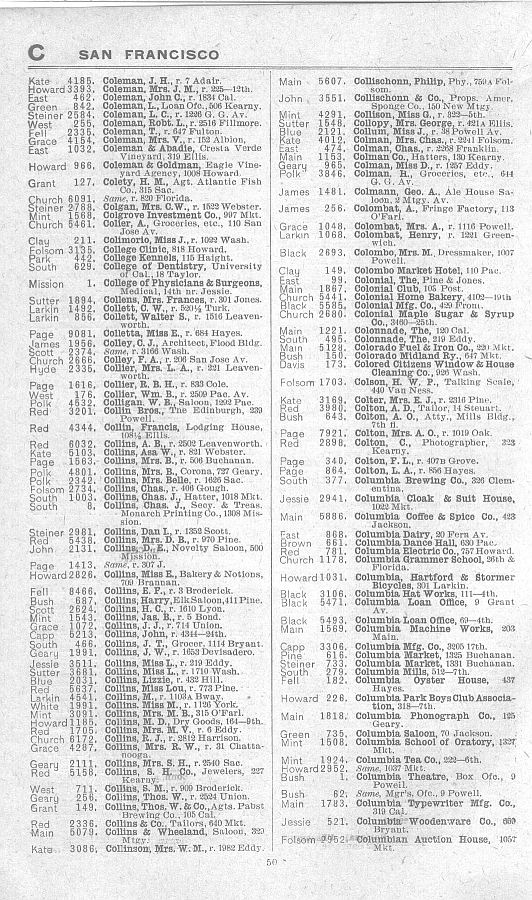 a page from the 1903 San Francisco telephone directory