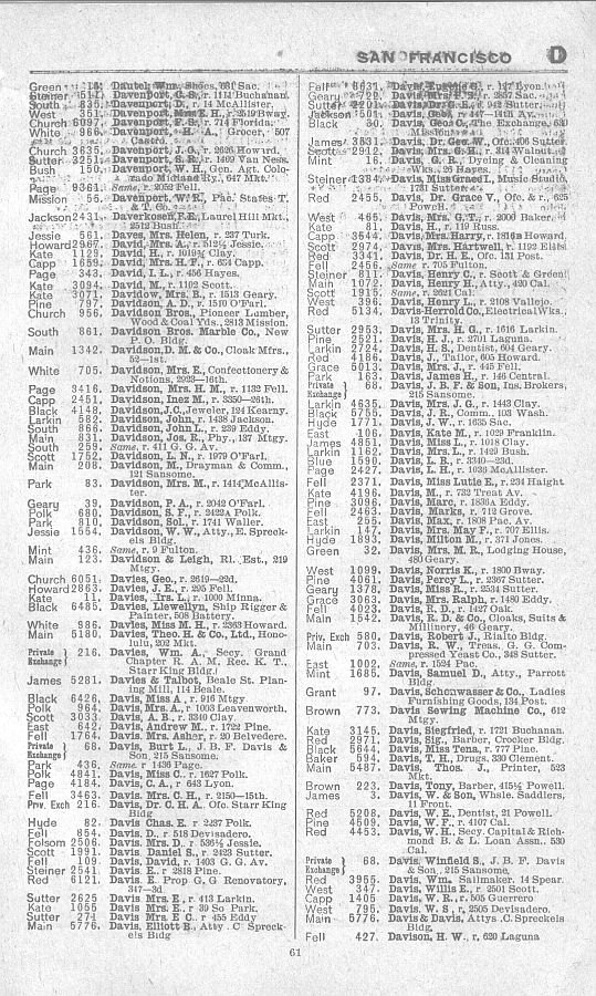 a page from the 1903 San Francisco telephone directory