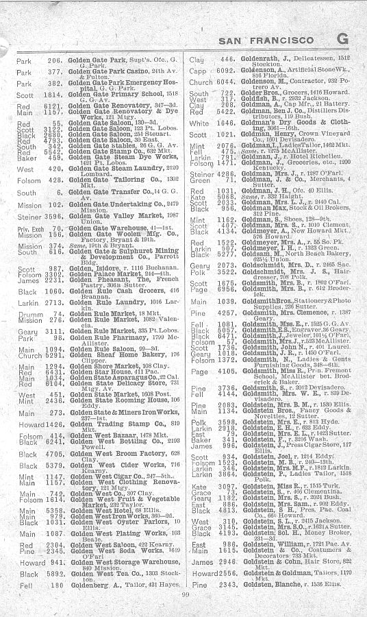 a page from the 1903 San Francisco telephone directory