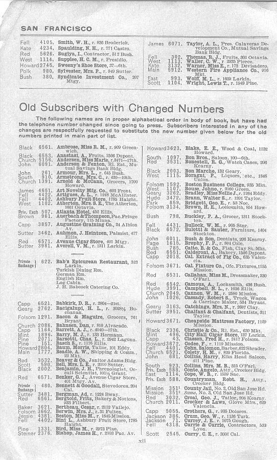 a page from the 1903 San Francisco telephone directory