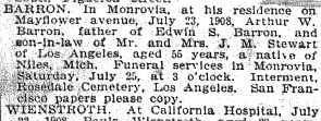 Funeral Notice for A.W. Barron, Los Angeles Daily Times