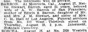 Funeral Notice for Nettie Stewart Barron, Los Angeles Daily Times
